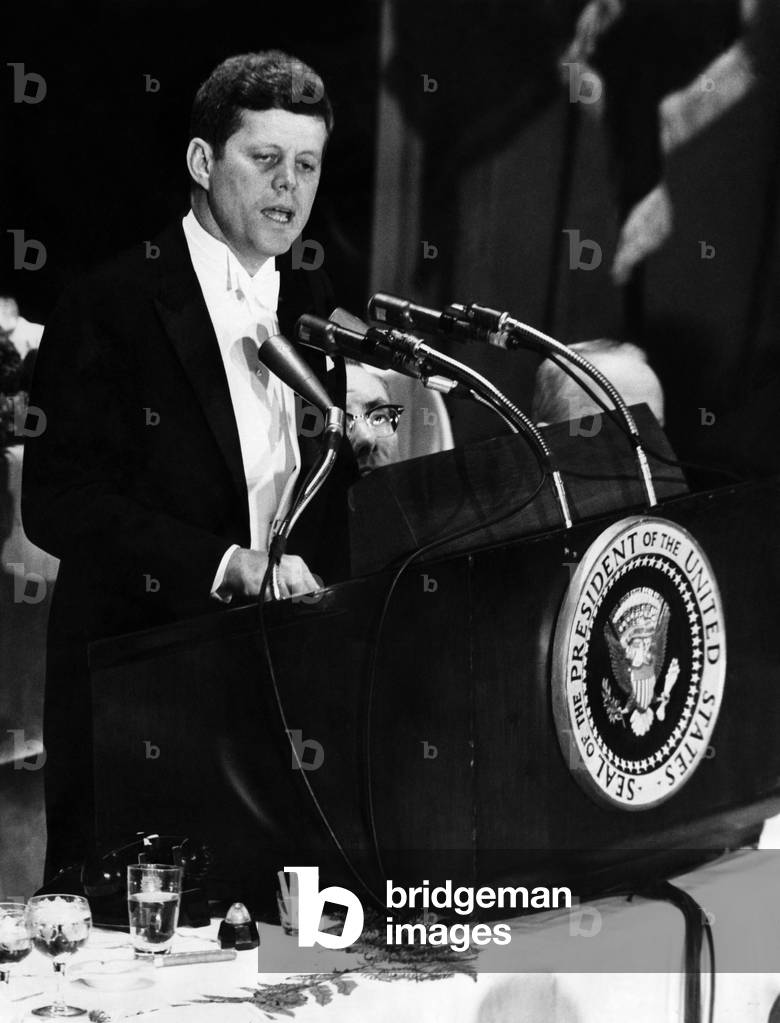John F. Kennedy, pleads with the American Newspaper and Publishers Association to invoke a self-imposed censorship, 1963 (photo)