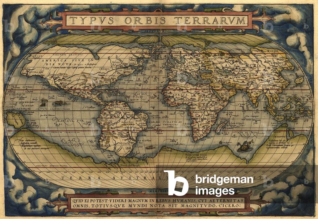 1570 map of the World. Australia is depicted as a large south polar continent. From Abraham Ortelius' atlas, 