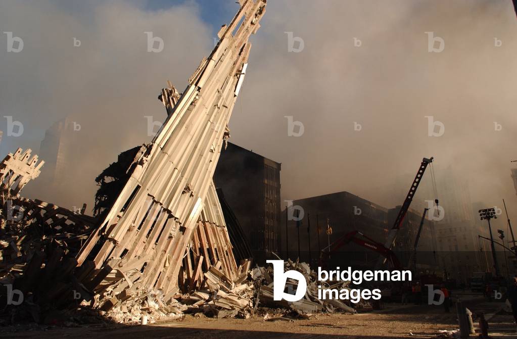 Debris from the WTC 2, the South Tower along Church St. on Sept. 13, 2001. The black buildings in the background are WTC 4 and WTC 5. World Trade Center, New York City, after September 11, 2001 terrorist attacks
