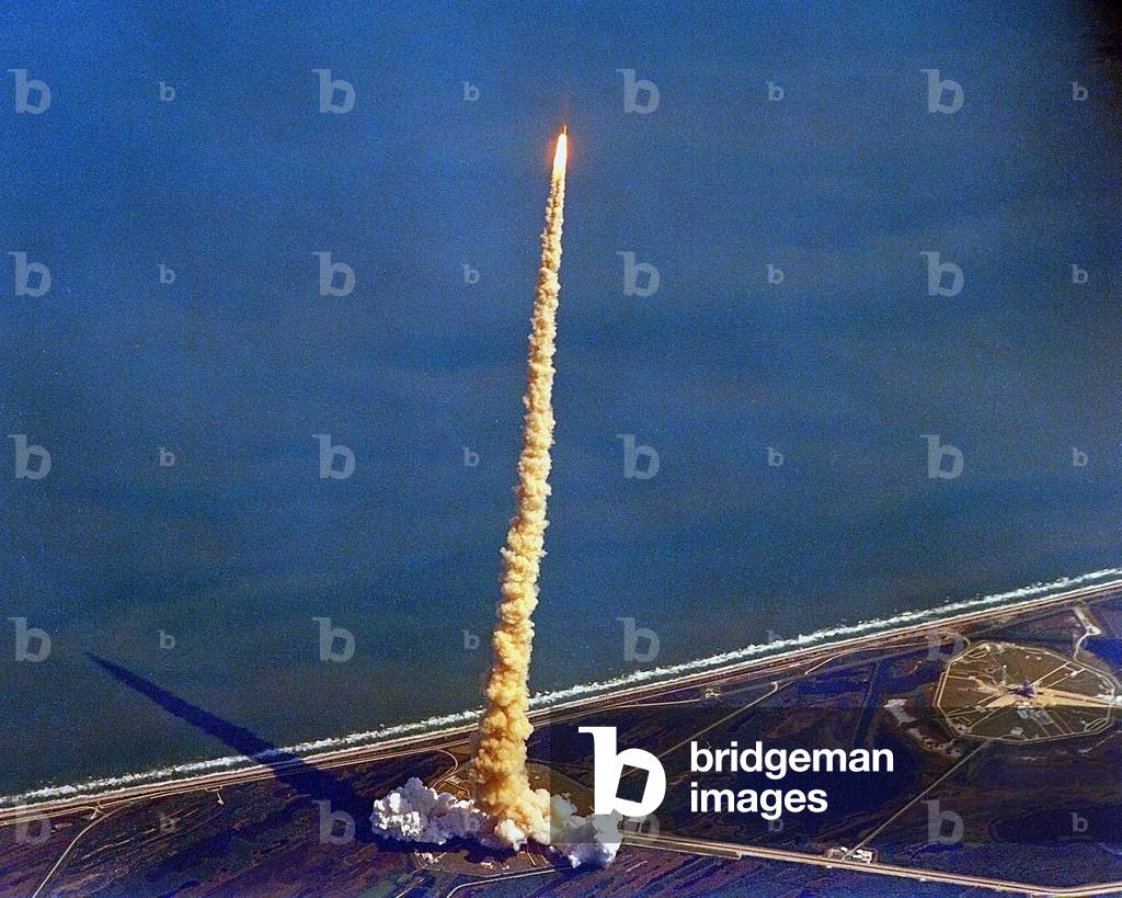 Space Shuttle Columbia on a pillar of exhaust as it begins its ten-day mission on Oct.22, 1992