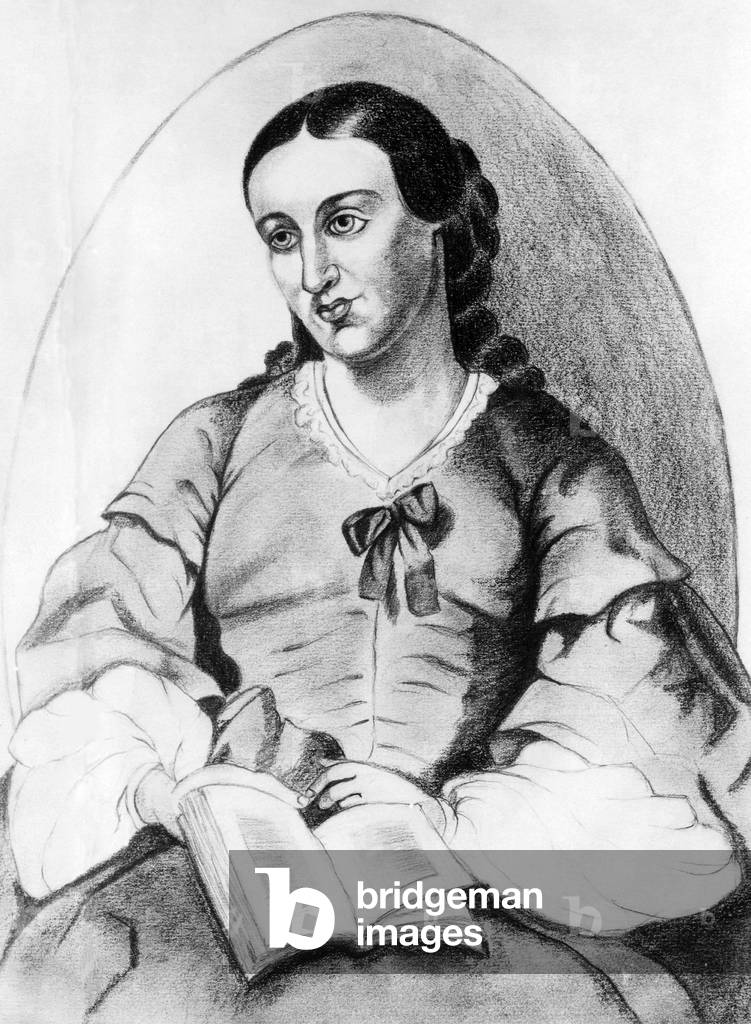 A pencil drawing of America's pioneer feminist Margaret Fuller by S.W. Bergman. c. mid 1800s.