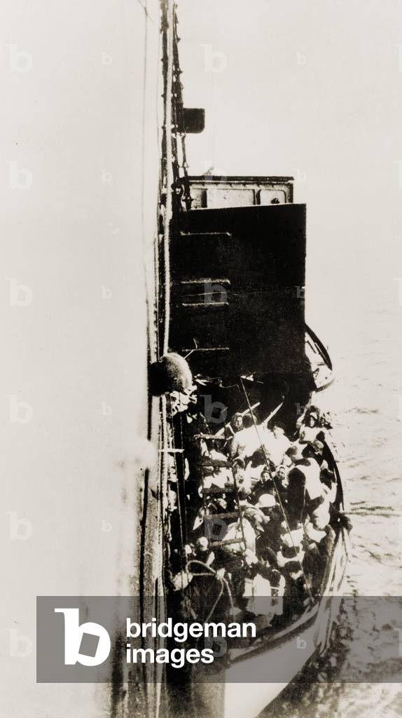 Lifeboat from Titanic is lifted aboard the rescue vessel Carpathia. April 15, 1912