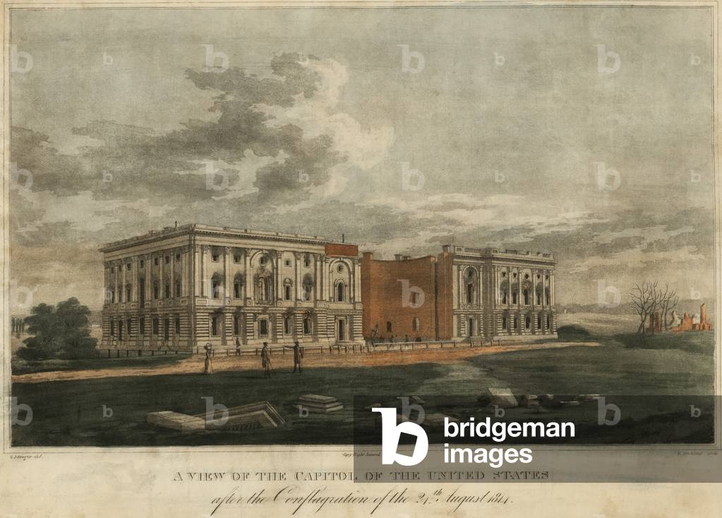 Burnt out Capitol. A view of the US Capitol in the city of Washington after the fires set by the British army August 24 1814. Engraving by William Strickland. Aug. 24 1814