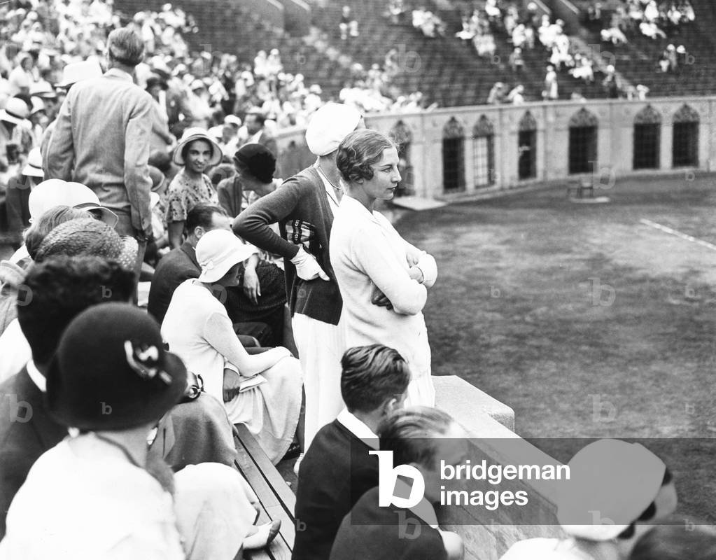 Helen Wills Moody watching tennis match at Forest Hills, Long Island, Aug. 20, 1931. Wills Moody won her U.S. Women's Singles Tennis final against British player, Eileen Bennett Whittingstall