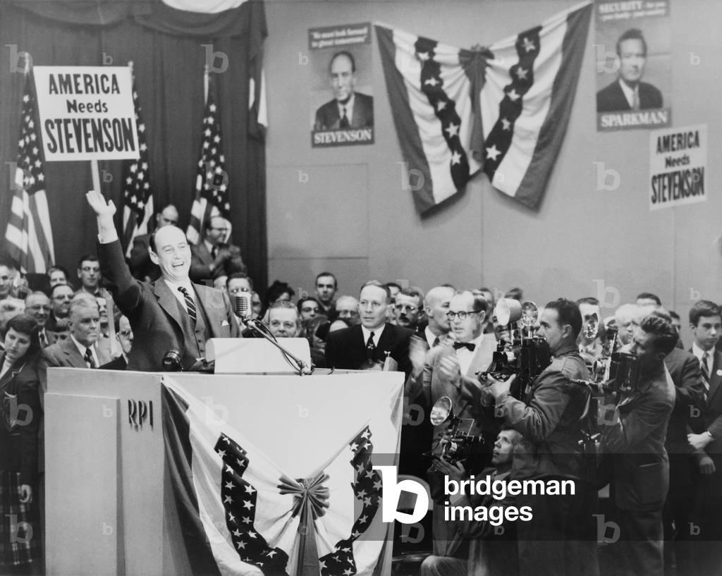 Democratic candidate for President, Adlai E. Stevenson, waving to crowd at Rensselaer Polytechnic Institute, Troy, N.Y., during television broadcast of the 1952 campaign
