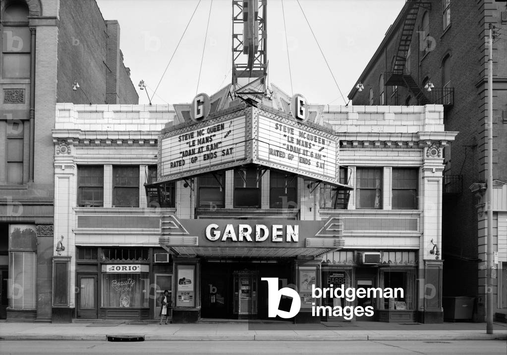 The Garden Theater: Movie Theaters, The Garden Theater, showing LE MANS, starring Steve McQueen, constructed in 1927, 10-12-14, West North Avenue, Pittsburgh, Pennsylvania, circa 1971.