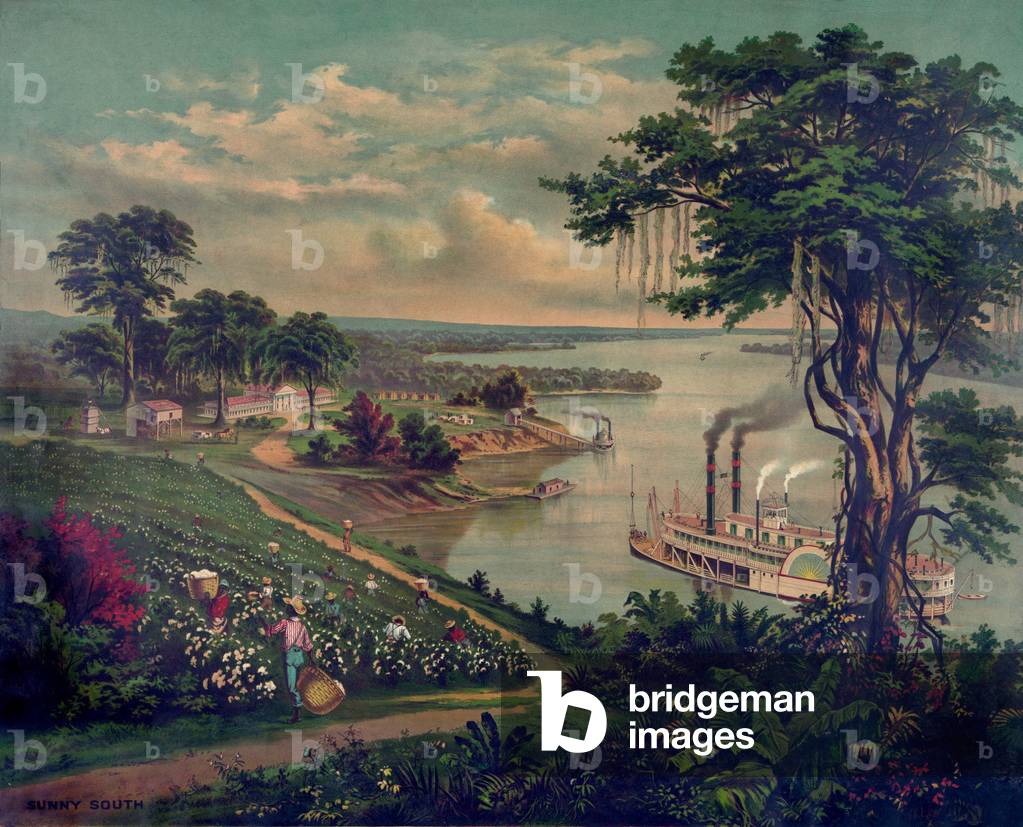 Idealized view of a plantation in the 'Sunny South', with African Americans picking cotton. The plantation has a cotton gin and packing building, owners mansion, workers' cabins, and a dock for loading cotton on river boats. 1883