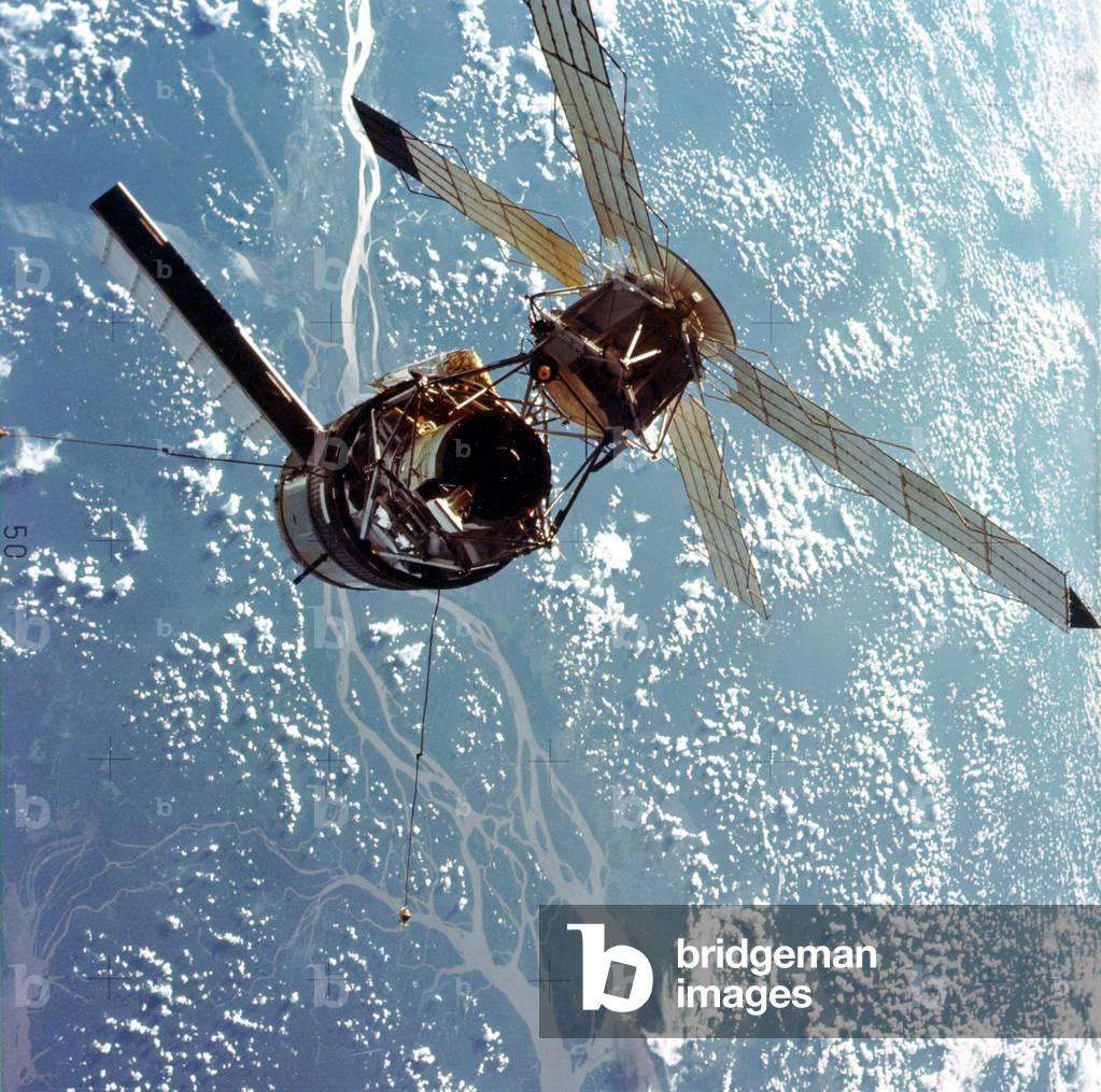 Skylab in Earth orbit photographed by the arriving Skylab 3 crew. Skylab 3 mission orbited for 59 days in the world's first space station