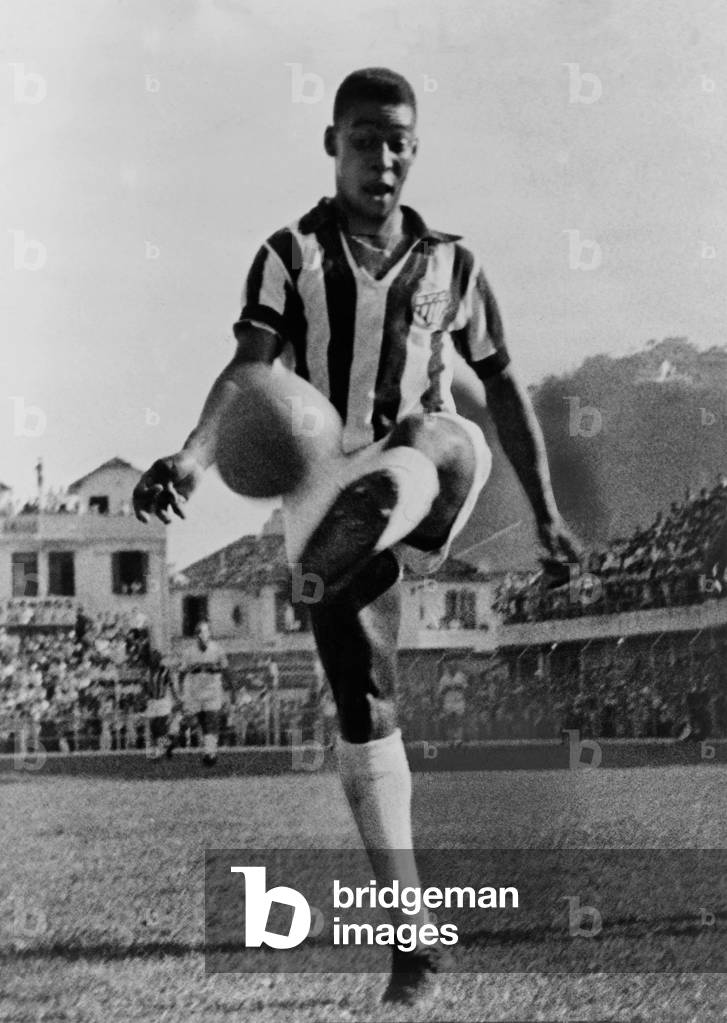Pele (b. 1940), the Brazilian soccer player in 1965, at the height of his long career which included three World Cup championships