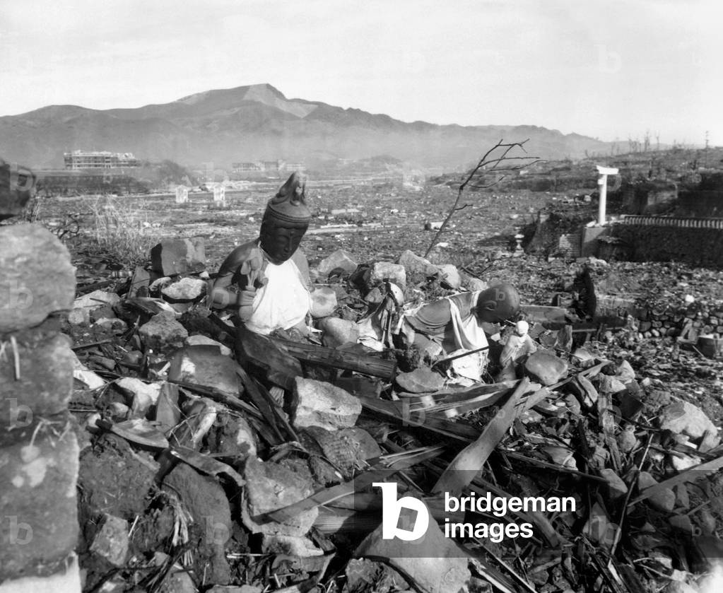 Ruins of Nagasaki, Japan, after atomic bombing of August 9, 1945. Battered religious figures are amid the rubble. Sept. 24, 1945