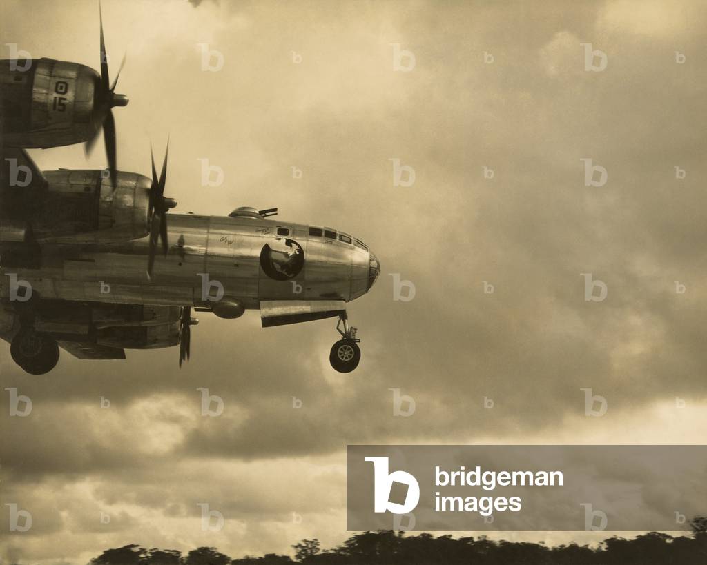 Nose of a B-29 bomber coming in for a landing at a field in Guam in 1945, during the final months of Pacific operations against Japan during World War II