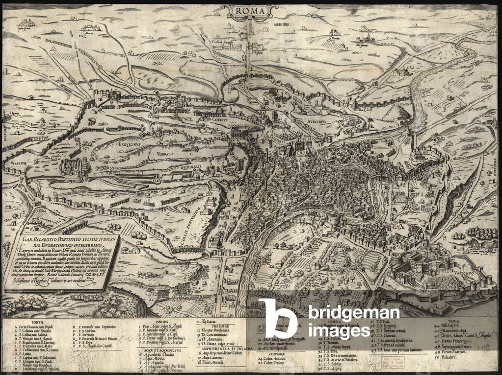 1575 view of Rome, showing major ancient and Renaissance monuments, and landmarks including the Castel St, Angelo, Coloseum, Pantheon, St. Peter's Cathedral (under construction) and the Seven Hills of Rome