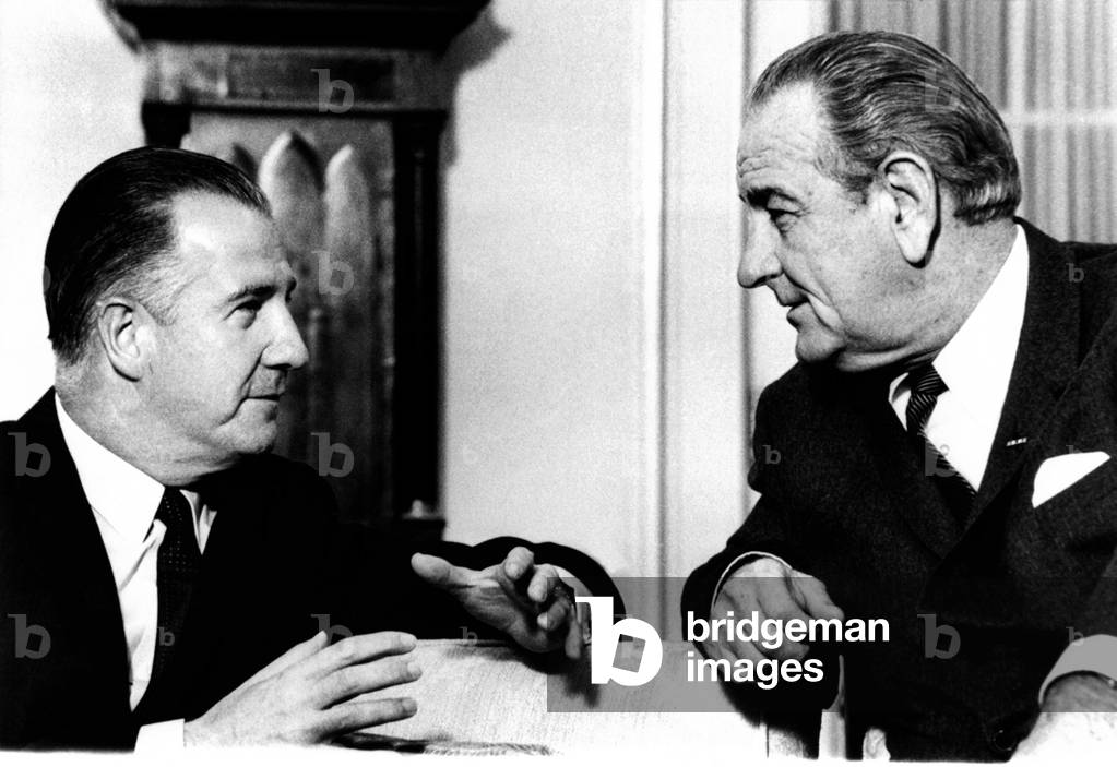 President Lyndon Johnson and Vice President-elect Spiro Agnew in discussion of Inauguration day. Jan. 20, 1968