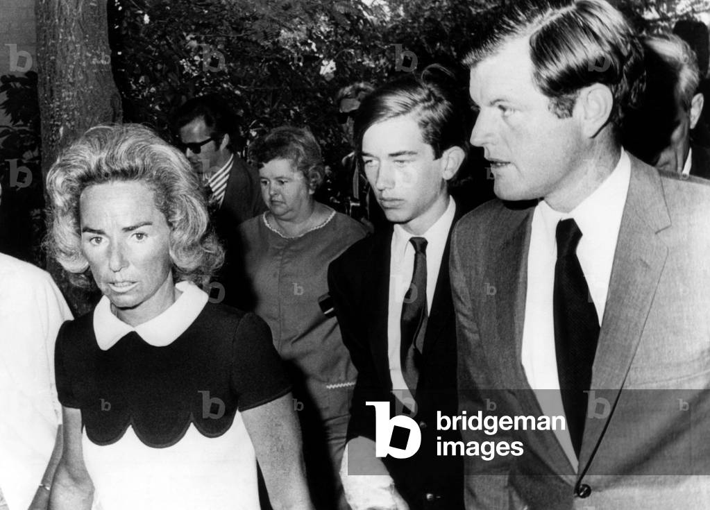 Ethel Kennedy, Robert Kennedy Jr. (answering a summons for being involved in a drug raid), Senator Edward M. Kennedy, at the District Court, Barnstable, Massachusetts, August 6, 1970.
