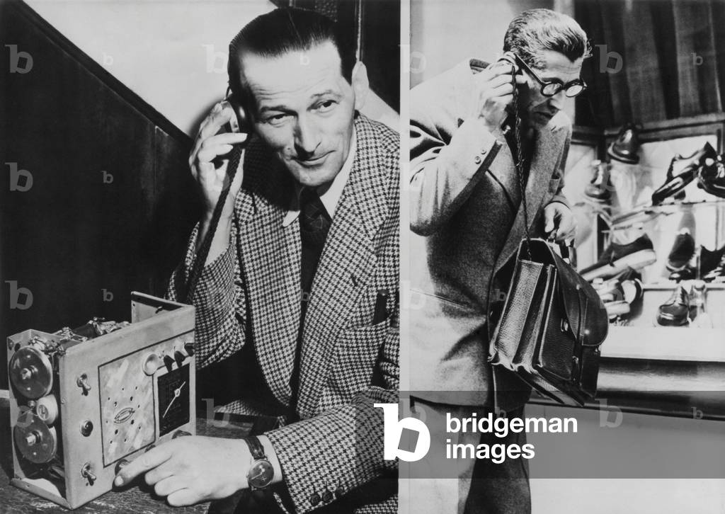 The 'Telephonogramme' was invented by Vital Gassmann. Paris, May 10, 1950. The receiver of this early wireless mobile telephone could fit into a briefcase.