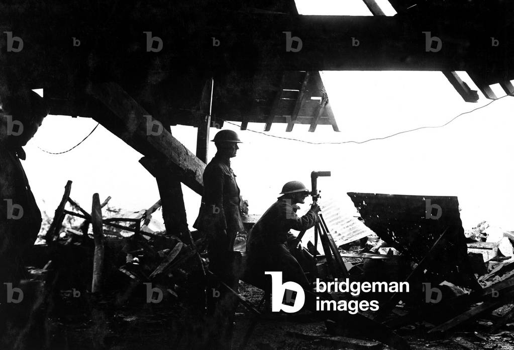 American signal officers in the observatory of German Crown Prince Frederick William. The observation instruments were left behind by the Germans in their hasty retreat from the Marne. Montfaucon, France. World War I. Oct. 17, 1918