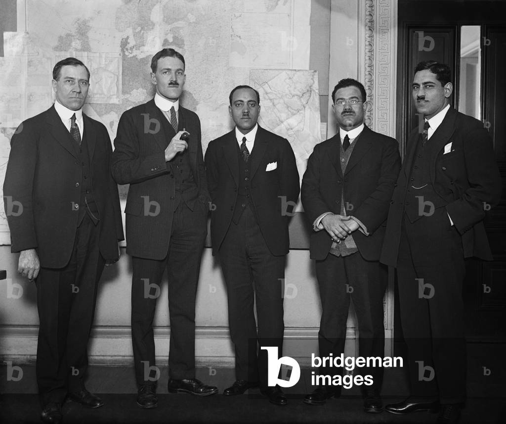 Allen Welsh Dulles (2nd from left) as chief of the Near East division of the Department of State. He poses with F.M. Moussa (far right) Attache of the Egyptian Legation, and with engineers K. Faki Wassef, and Rifai. Feb.-Mar. 1924
