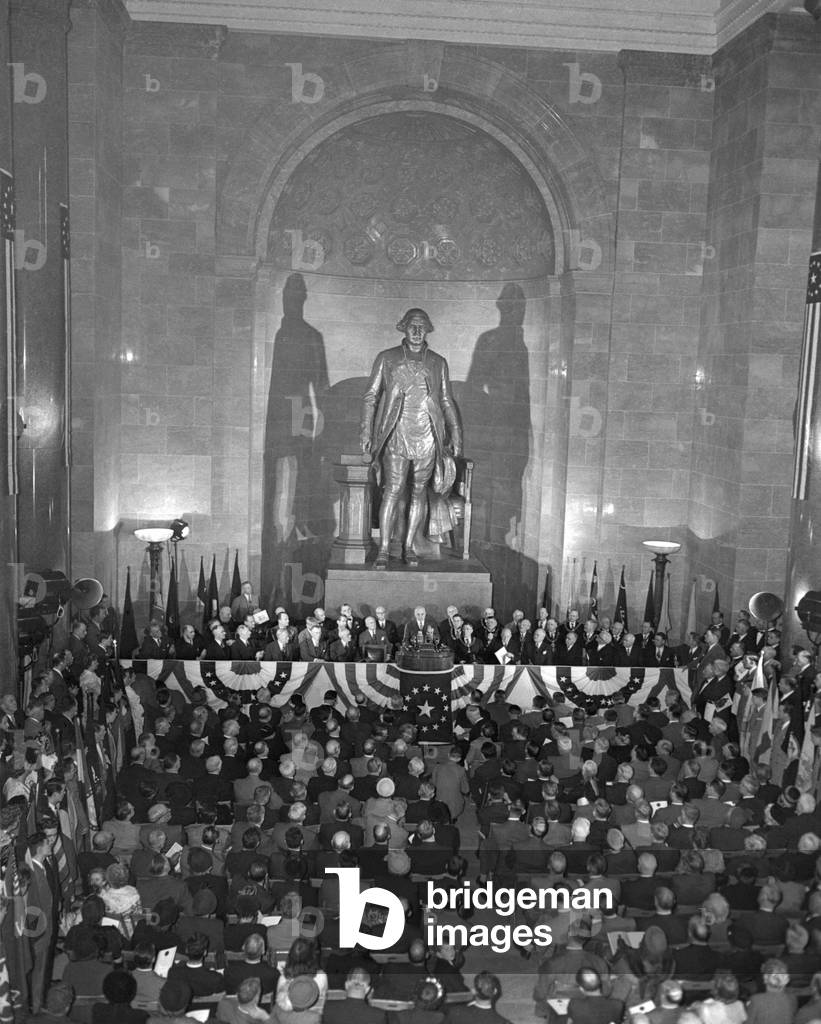 President Harry Truman speaking at George Washington Statue unveiling. National Masonic Memorial, Alexandria, Virginia. Feb. 22, 1950.