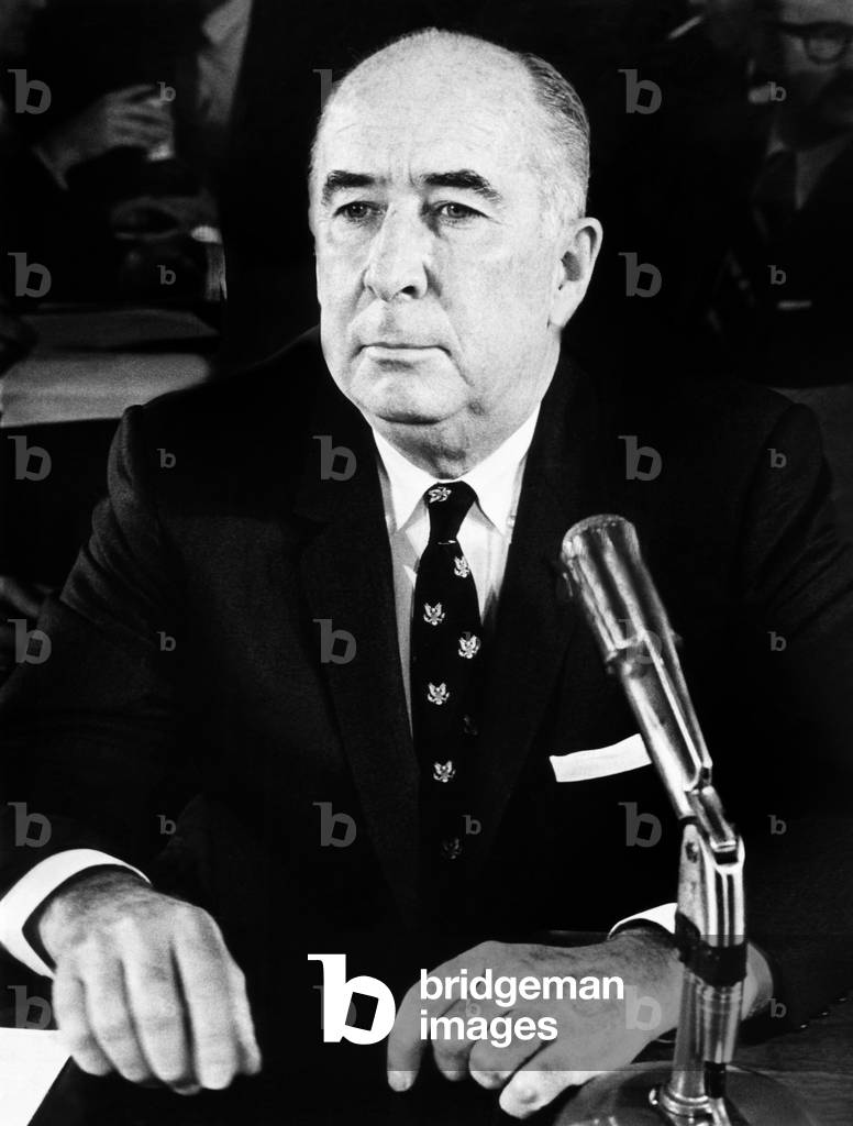 John Mitchell before Senate Judiciary Committee on March 14, 1972. The former Attorney General was questioned about the ITT anti-trust case. They were investigating an allegation that ITT's pledge of ,000 to the Republican National Convention influenced a favorable settlement on three suits
