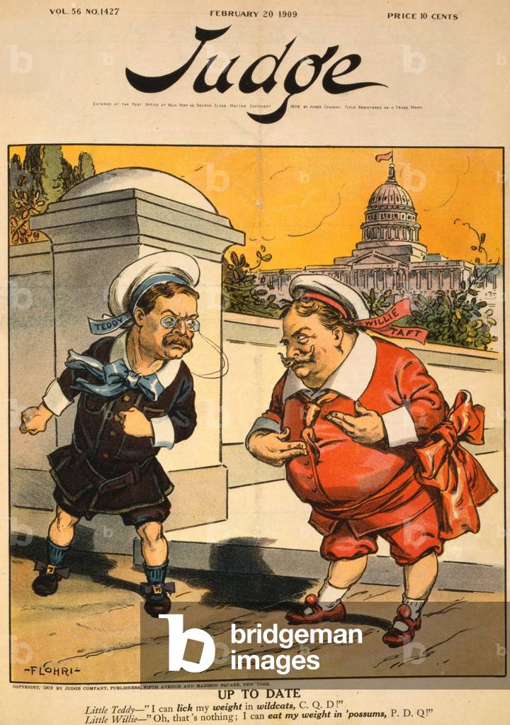 Cartoon showing president elect William Taft (1857-1930) already sparing with his predecessor, Theodore Roosevelt (1858-1919). Roosevelt criticized Taft's policies and ran against him for the nomination in 1912. Color lithograph, Feb 20. 1906