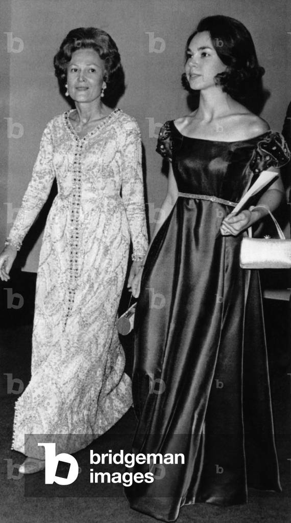 1973 US Presidency, Nixon Family. First Lady Patricia Nixon and daughter Julie Nixon Eisenhower leaving the John F. Kennedy Center for the Performing Arts, January, 1973