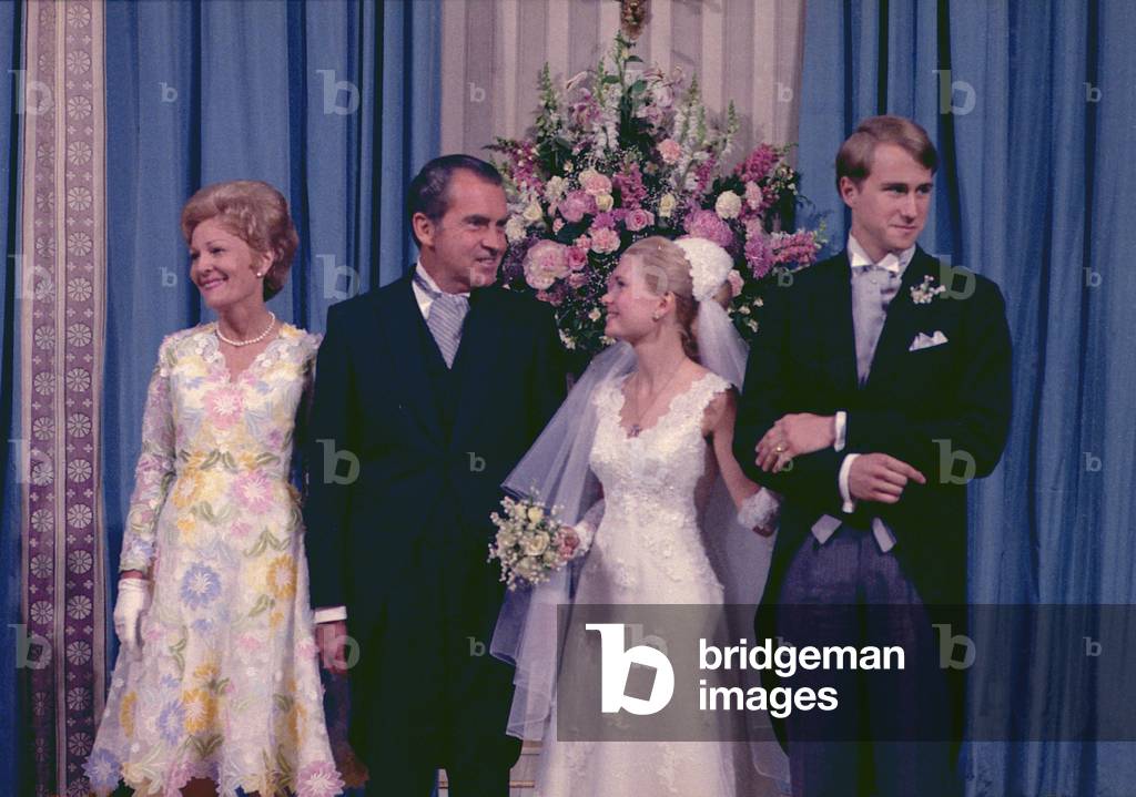 Pat Nixon, President Nixon, Tricia and Ed Cox at the White House wedding of June 12, 1971. The Bride and her Mrs. Nixon wore designs by Priscilla Kidder, founder of Priscilla of Boston