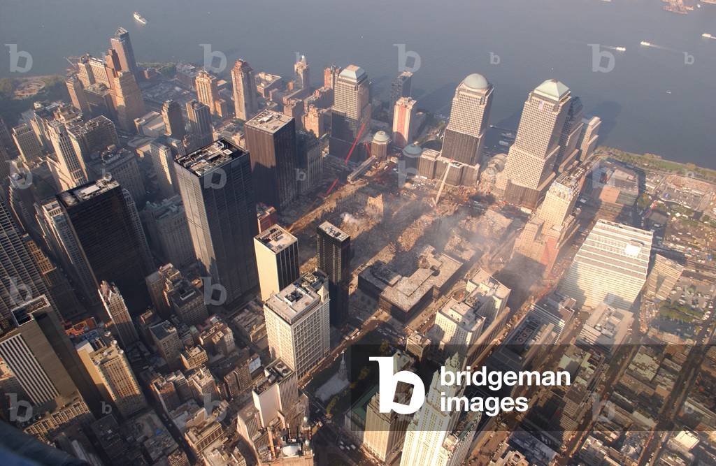 Aerial view of the recovery operation underway at the site of the collapsed World Trade Center. Oct. 4 2001