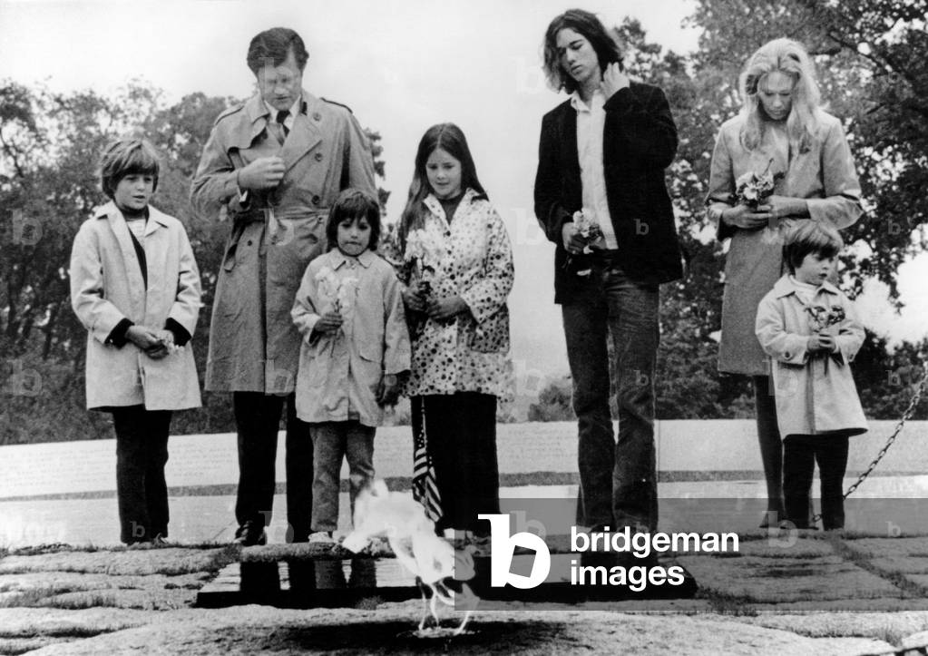 The Kennedy family visits the grave of the late President John F. Kennedy; from left: Edward Kenmnedy Jr., Edward Kennedy, Max Kennedy, Kara Kennedy, Robert F. Kennedy Jr., Jean Kennedy Smith, Patrick Kennedy, at Arlington National Cemetery, 1971