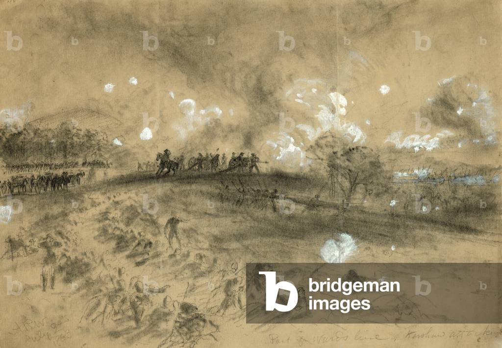 he Civil War. The Battle of Gettysburg. Part of Ward's line, Kershaw attacking. A.R. Waud. 1863