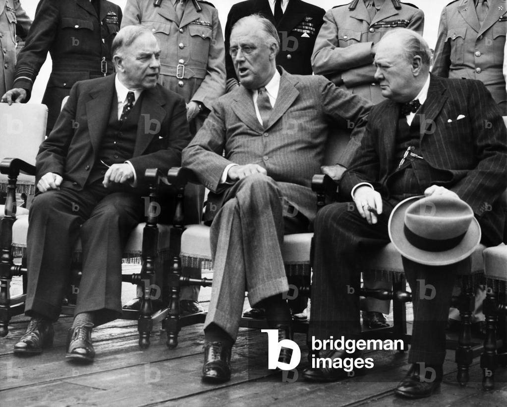 World War II. From left: Canadian Prime Minister W.L. Mackenzie King, US President Franklin Delano Roosevelt, British Prime Minister Winston Churchill at the Second Quebec Conference, (codenamed OCTAGON), Quebec City, Canada, September 1944