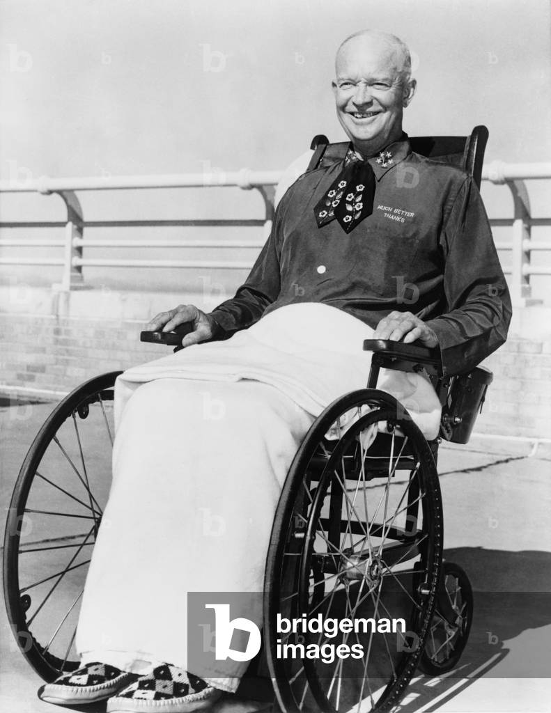 President Dwight D. Eisenhower (1890-1969), in wheelchair at Fitzsimons Army Hospital, Denver, following his serious heart attack on September 24, 1955. Against his doctors' advice, he successfully ran for a second term in 1956