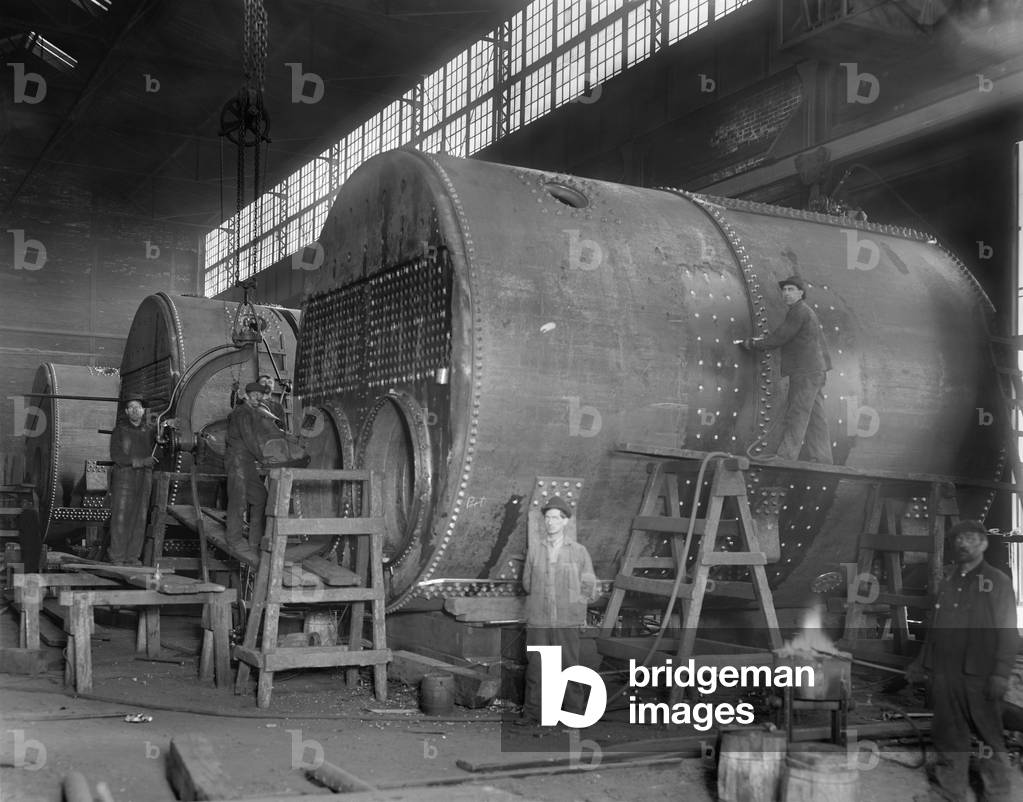 Steam ship boilers under construction in Wyandotte, Michigan in 1912. The massive coal fired boilers were 14' in diameter