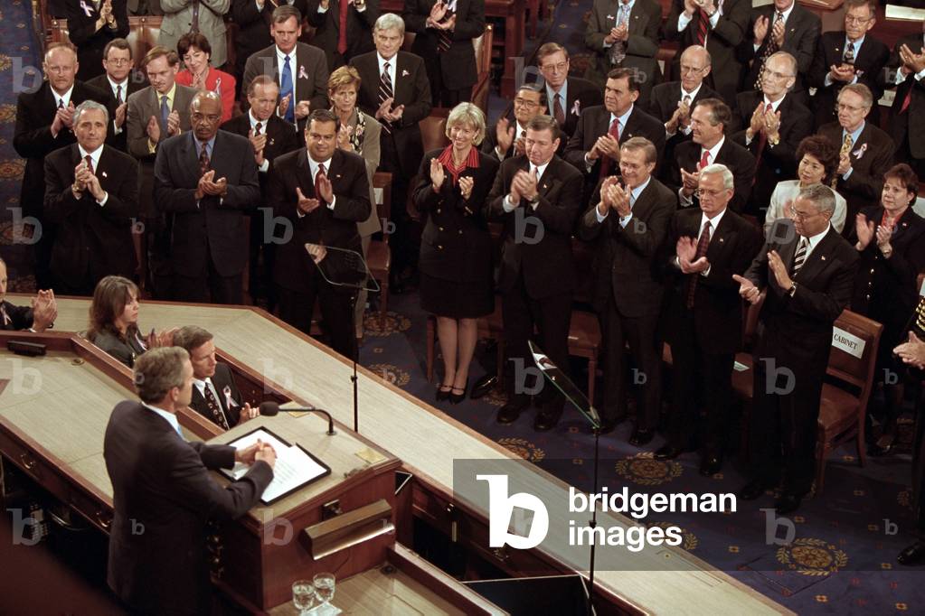 President George W. Bush speaks to a Joint Session of Congress about the 9-11 Terrorist Attacks. Sept. 20, 2001. He stated the attacks were motivated by Al Qaeda's hatred of 'our freedoms: our freedom of religion, our freedom of speech, our freedom to vote and assemble and disagree with each other'