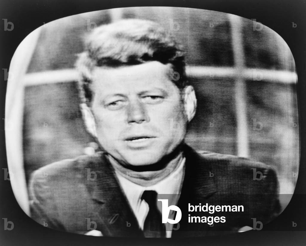 John F. Kennedy (1917-1963), addressing the nation on television. August 1962