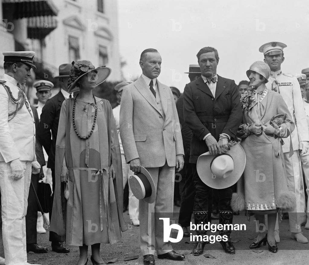 President Calvin Coolidge and the First Lady with Cowboy actor Tom Mix and Victoria Forde Mix. At the White House, May 21, 1925