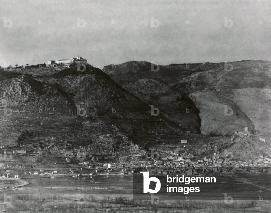 Monte Cassino, the site of the Monastery founded by St. Benedict in the 6th century. Feb. 6, 1944. German soldiers dug in below the Monastery and in Cassino Town below blocked the Allied advance north on Highway 6 to Rome. Feb. 6, 1944. World War 2