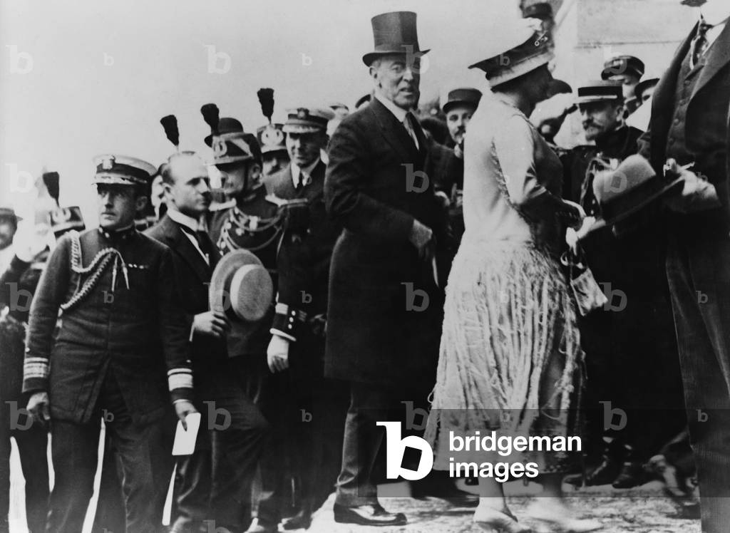 President Wilson at Versailles to sign of the Peace Treaty. July 1919. He is accompanied by his wife, Edith Bolling Wilson