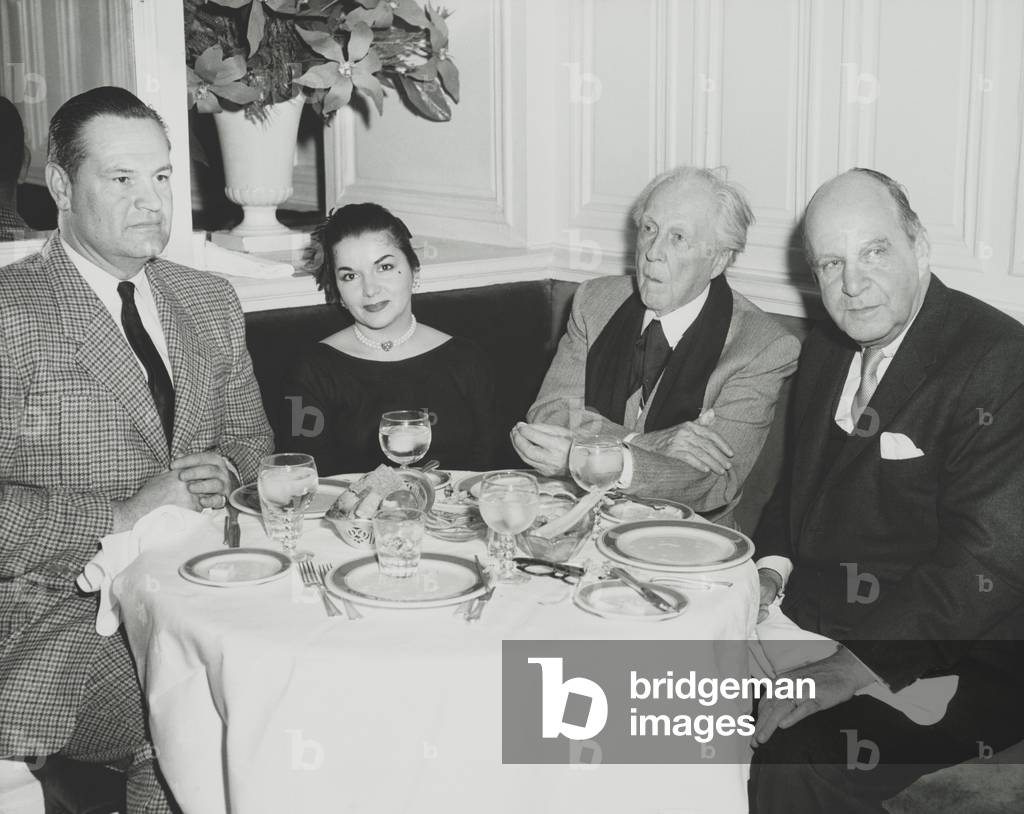 Architects Frank Lloyd Wright and Edward Stone dining out in New York City, Dec. 17, 1957