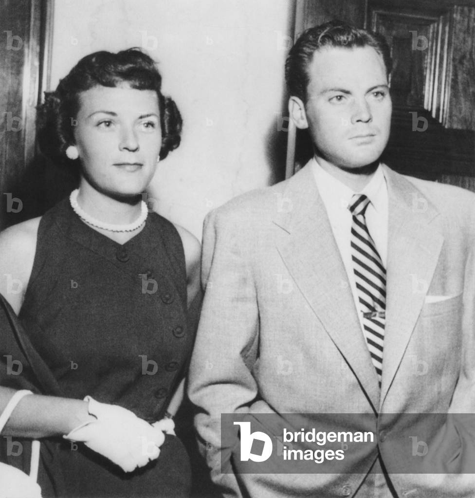 Actor John Agar in court on July 20, 1950 to face to drunk driving charges. With him is his wife Loretta Barnett Combs Agar