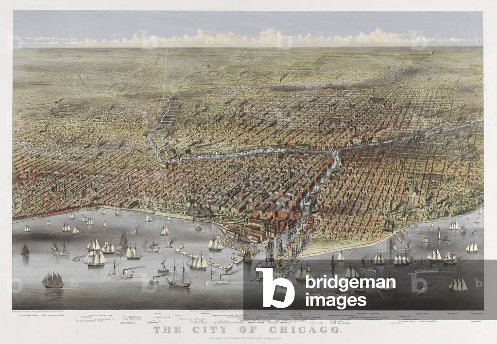 The City of Chicago in 1874. Bird's-eye view of Chicago Illinois from above Lake Michigan prominent features listed below image