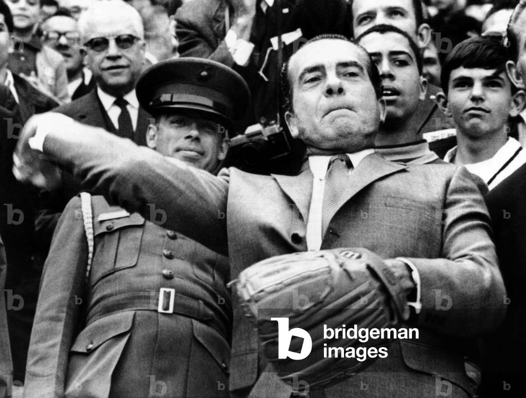 President Richard Nixon tosses out the first ball of 1969 baseball season, April 7, 1969
