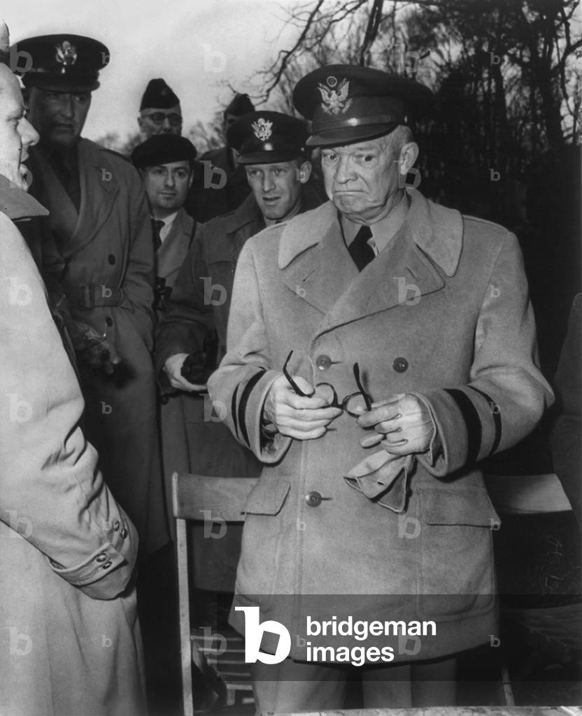 Gen. Dwight Eisenhower reacts to MacArthur's dismissal by Truman. April 11, 1951. Eisenhower was then Supreme Commander of the North Atlantic Treaty Organization (NATO), and with operational command of NATO forces in Europe
