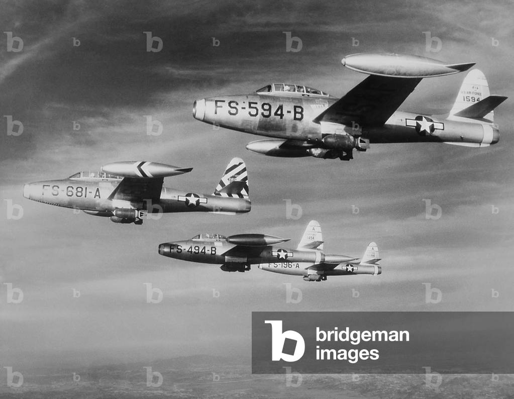 U.S. F-84 Thunderjets on bombing mission north of the 38th parallel during the Korean War. c. 1950-53.