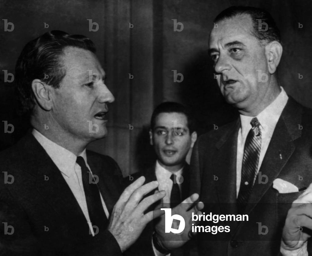LBJ. Future US Vice President Nelson Rockefeller and Texas Senator (future US President) Lyndon Johnson, discussing US Defense, Washington, D.C., 1958