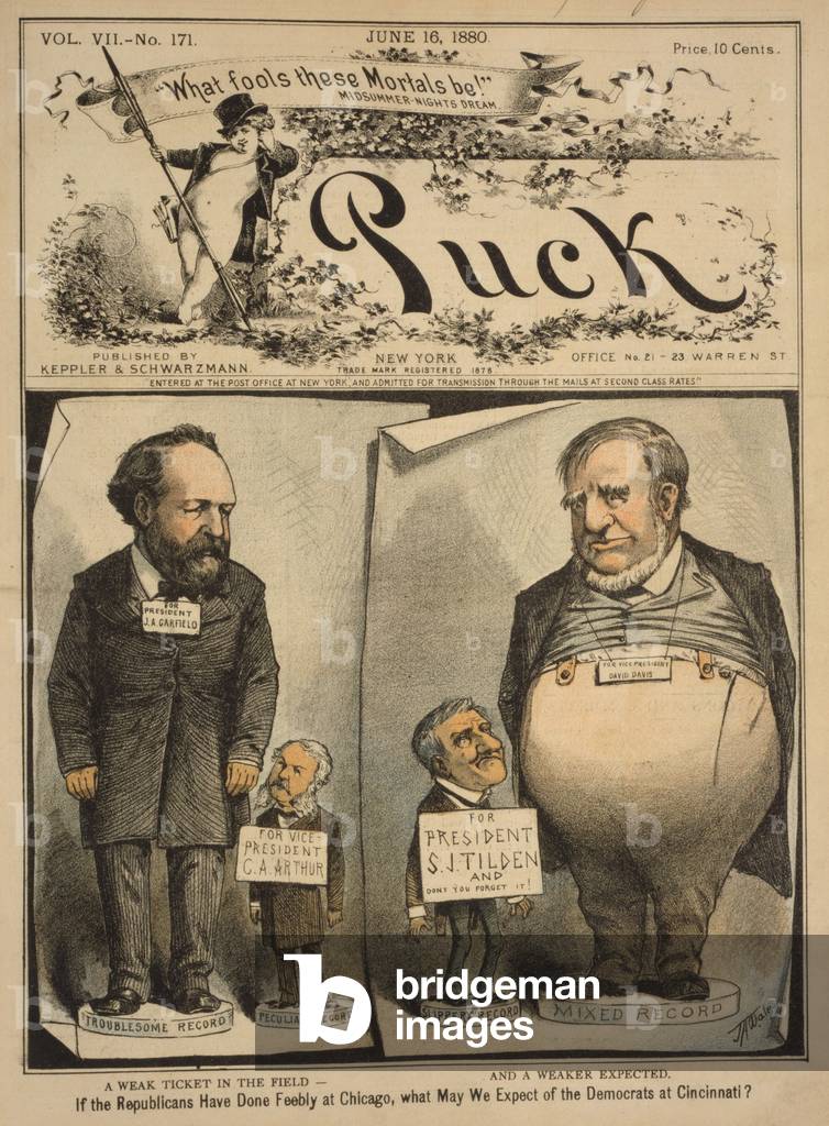 1880 Presidential election cartoon, showing candidates James A. Garfield, Chester Arthur, Samuel J. Tilden, and David Davis standing on their 'records,' described respectively as troublesome, peculiar, slippery, and mixed. Published in PUCK, June 16, 1880