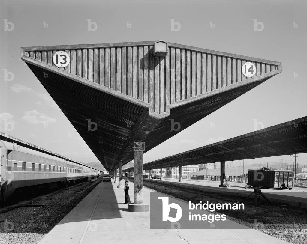 Los Angeles Union Passenger Terminal, tracks and shed, view to north detail of canopy, 800 North Alameda Street, Los Angeles, California, photograph c.1970s