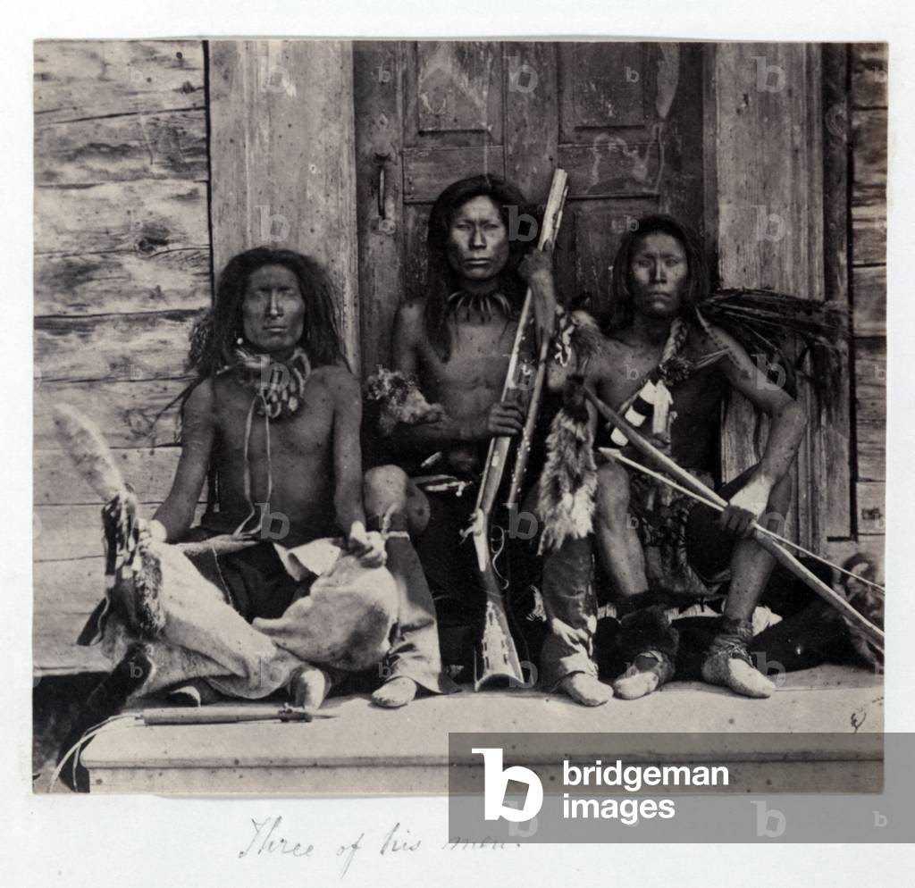 Three Native American Indians, detail from diptych titled: 'Garry the Spokan chief and three of his men', photograph, 1861