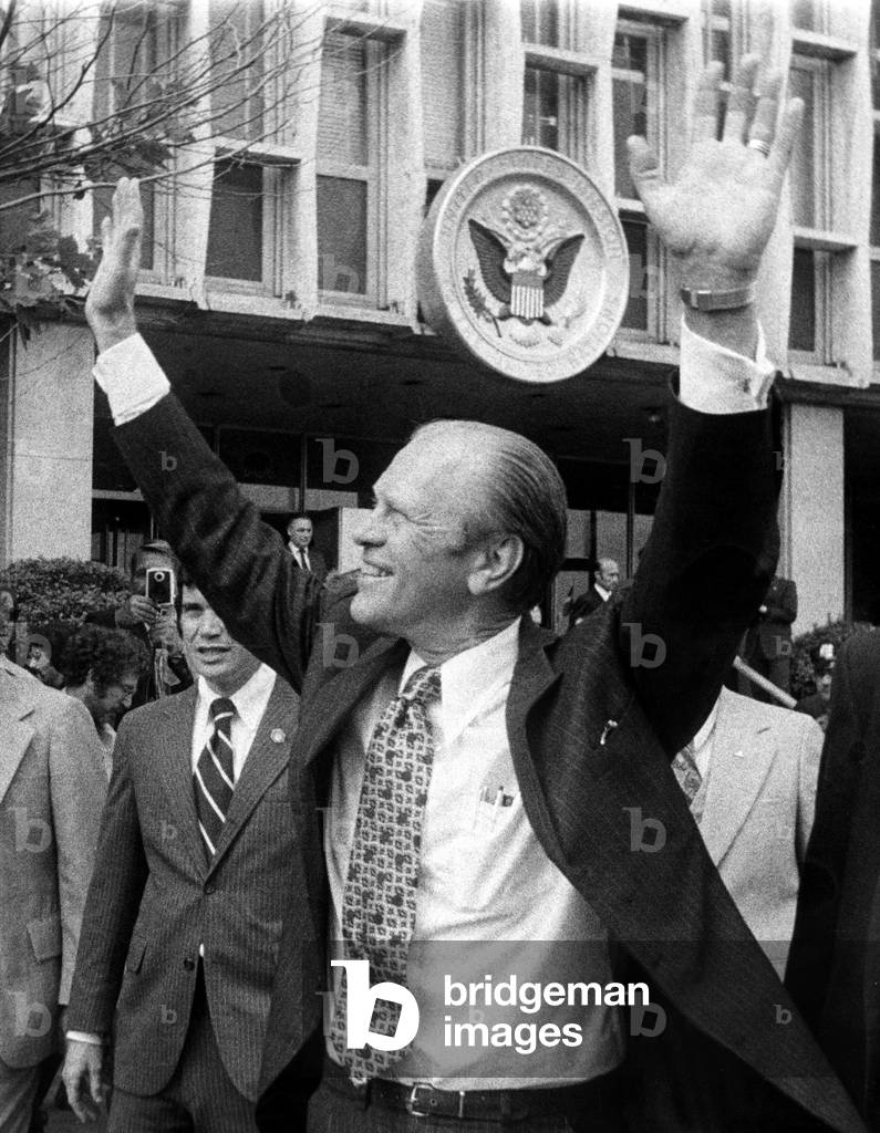 President Gerald Ford leaves the US Mission to address the UN General Assembly, 9/18/74