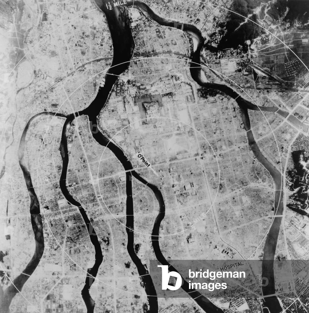 Aerial view of Hiroshima after the atomic bombing of August 6, 1945. The city was located on a flat river delta, with few obstructions to the contain the blast of the nuclear explosion detonated about the city on August 6, 1945. World War 2