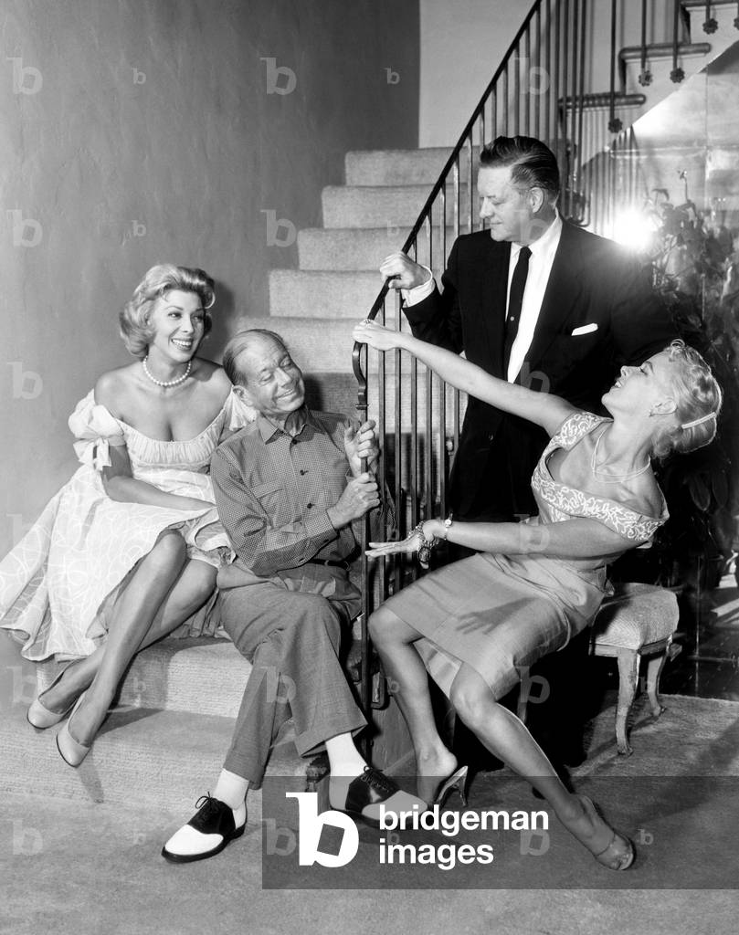 FORD STAR JUBILEE, Dolores Gray, composer Cole Porter, choreographer Bob Alton, Sally Forrest, on set, during rehearsals for the 1956-57 premiere, 1956.